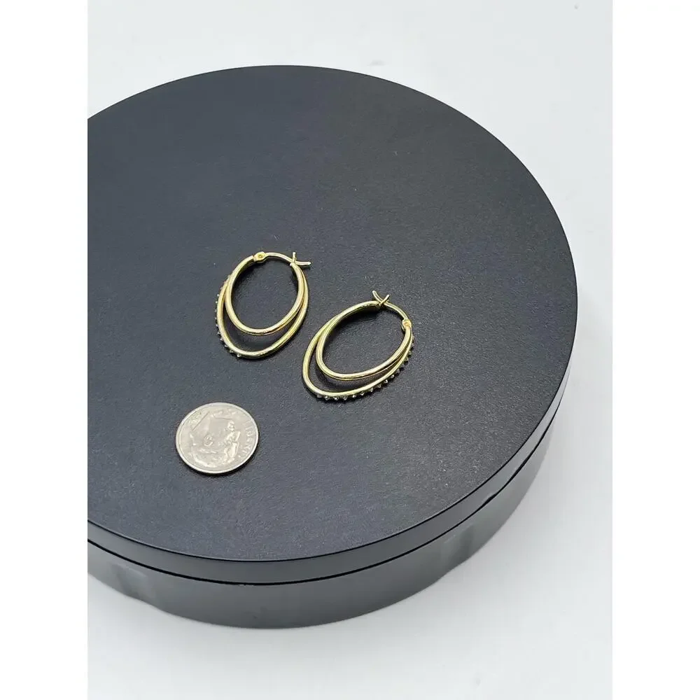 SLC Designer Sterling Silver Vermeil Pave Double‎ Hoop Pierced Earrings